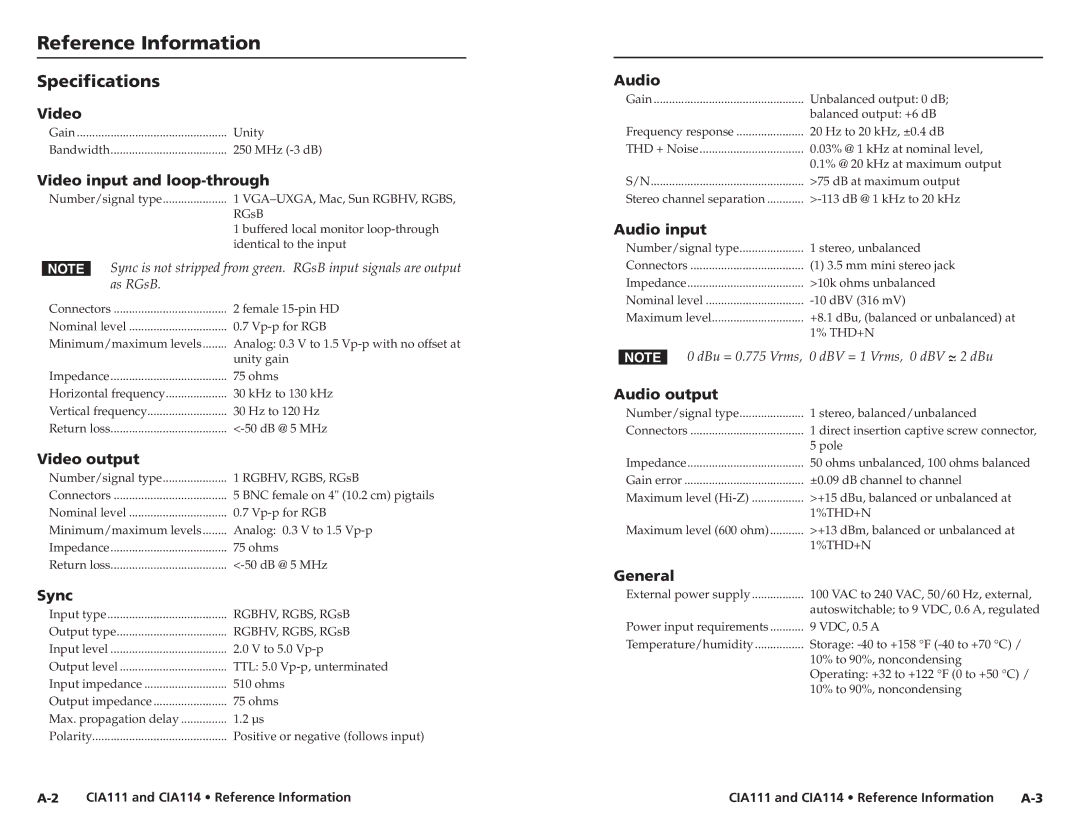 Extron electronic CIA114F5, CIA111 user manual Reference Information, Specifications 