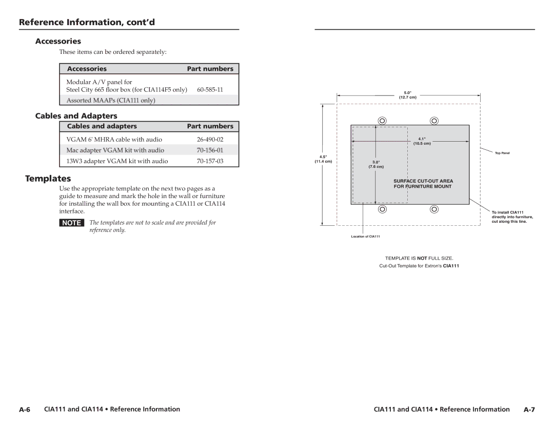 Extron electronic CIA111, CIA114F5 user manual Templates, Accessories, Cables and Adapters 