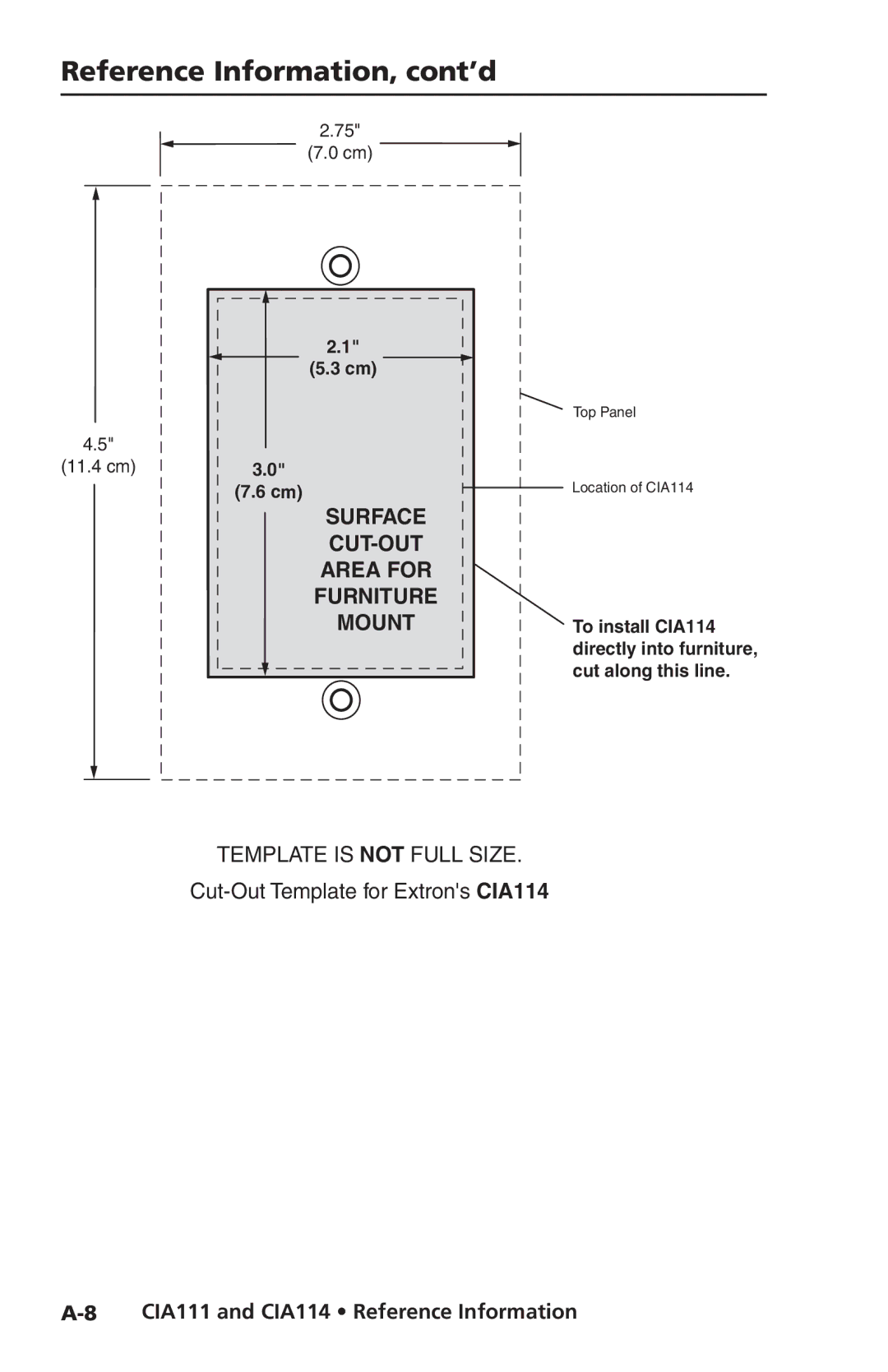 Extron electronic CIA114F5, CIA111 user manual Surface CUT-OUT Area for Furniture Mount 