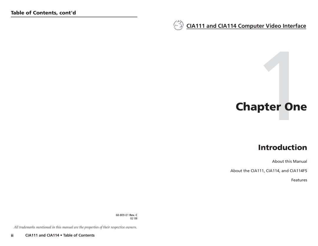 Extron electronic CIA114F5 user manual CIA111 and CIA114 Computer Video Interface, Table of Contents, contd 