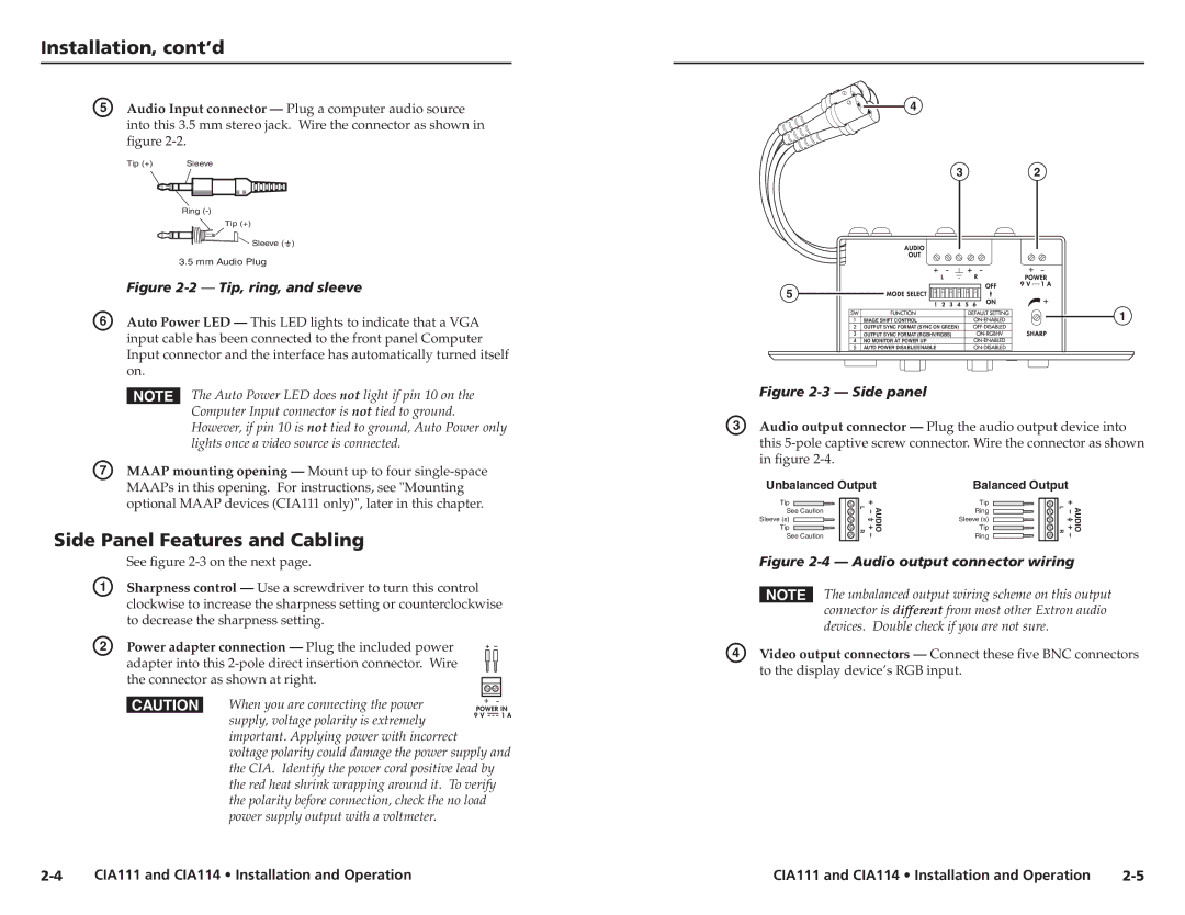 Extron electronic CIA114F5, CIA111 user manual Installation, cont’d, Side Panel Features and Cabling 