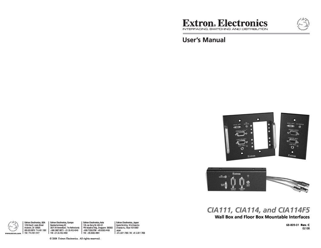 Extron electronic CIA114 specifications Video input and loop through, Video output, Sync, Audio input 
