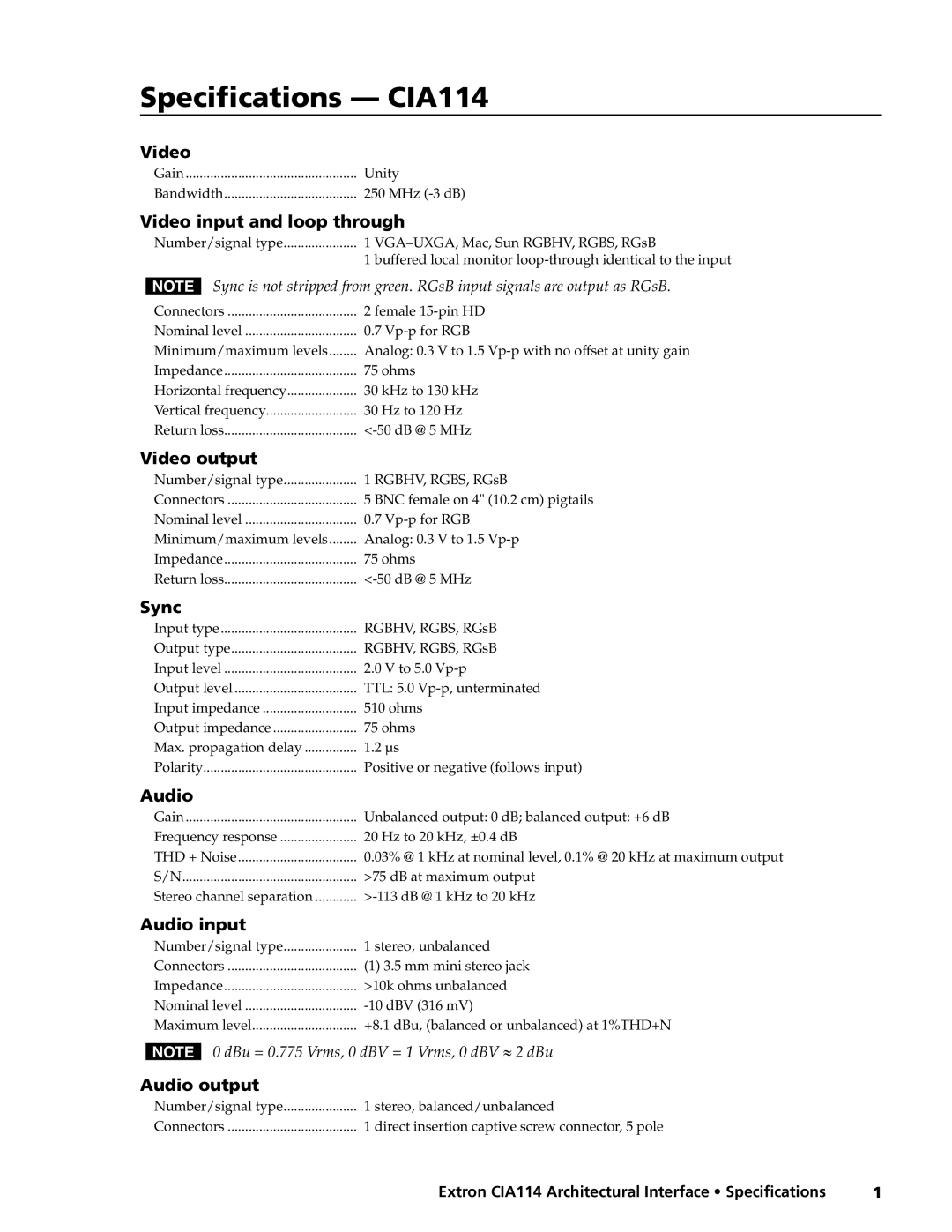 Extron electronic specifications Specifications CIA114 