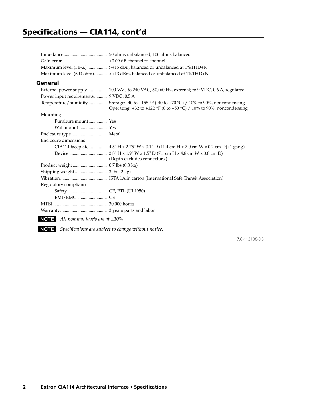 Extron electronic specifications Specifications CIA114, cont’d, General 