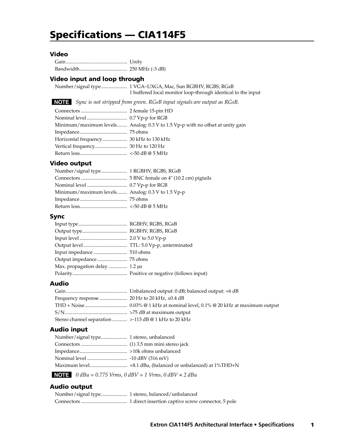 Extron electronic CIA114F5 specifications Video input and loop through, Video output, Sync, Audio input 
