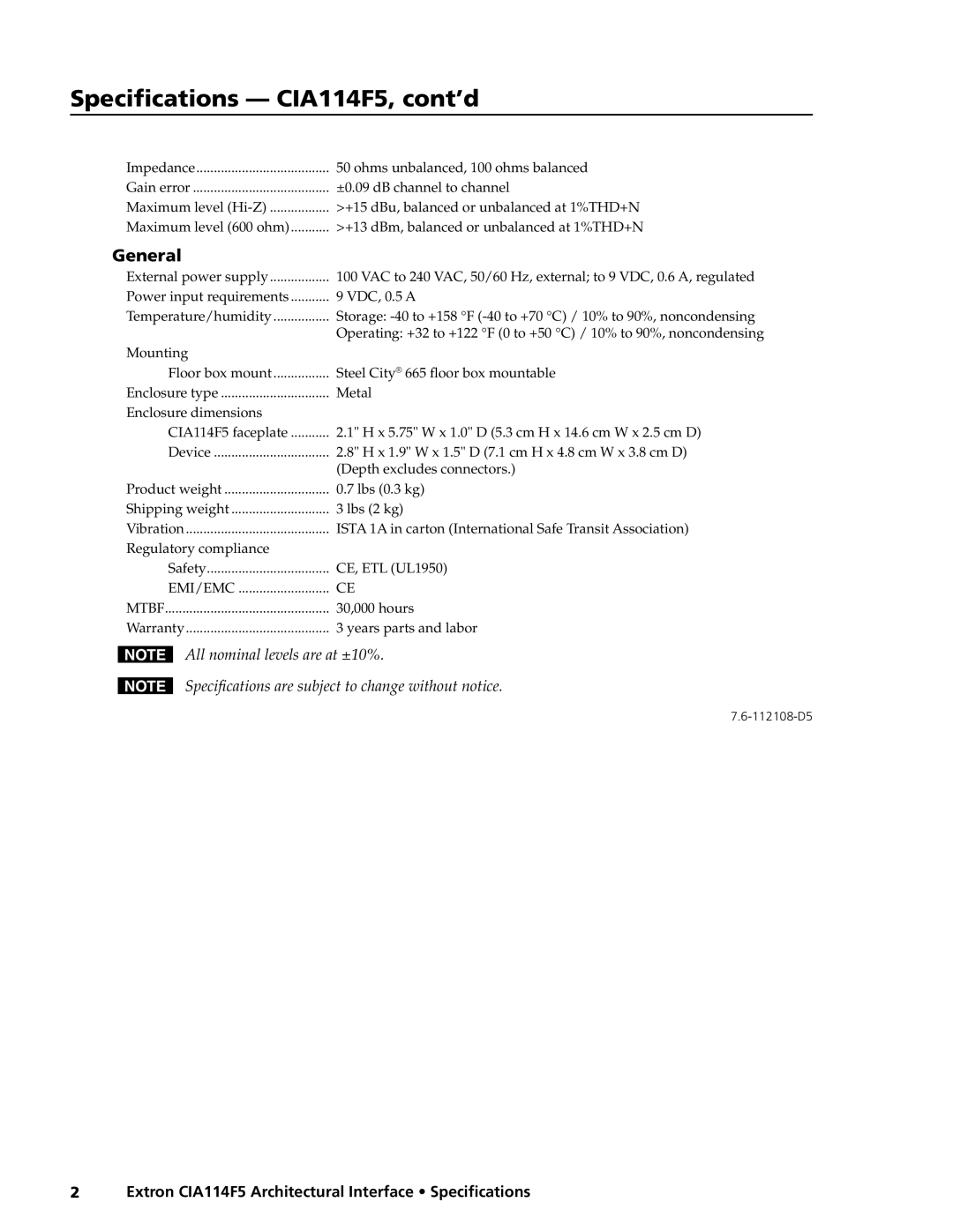 Extron electronic specifications Specifications CIA114F5, cont’d, General 