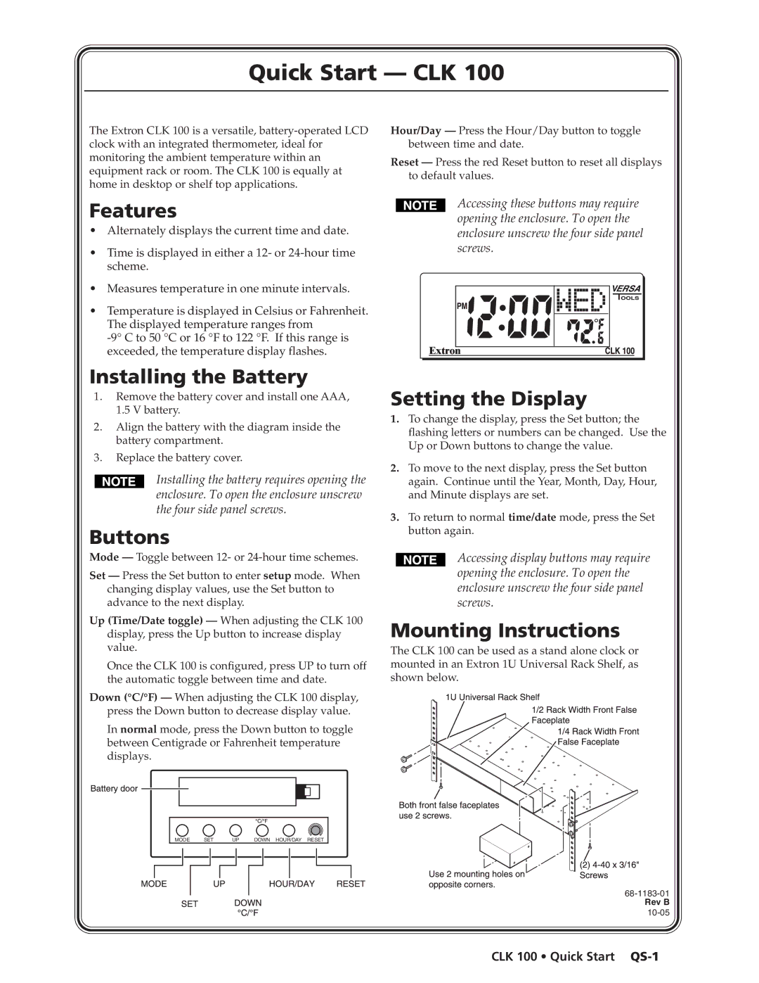 Extron electronic CLK 100 quick start Features, Installing the Battery, Buttons, Setting the Display 