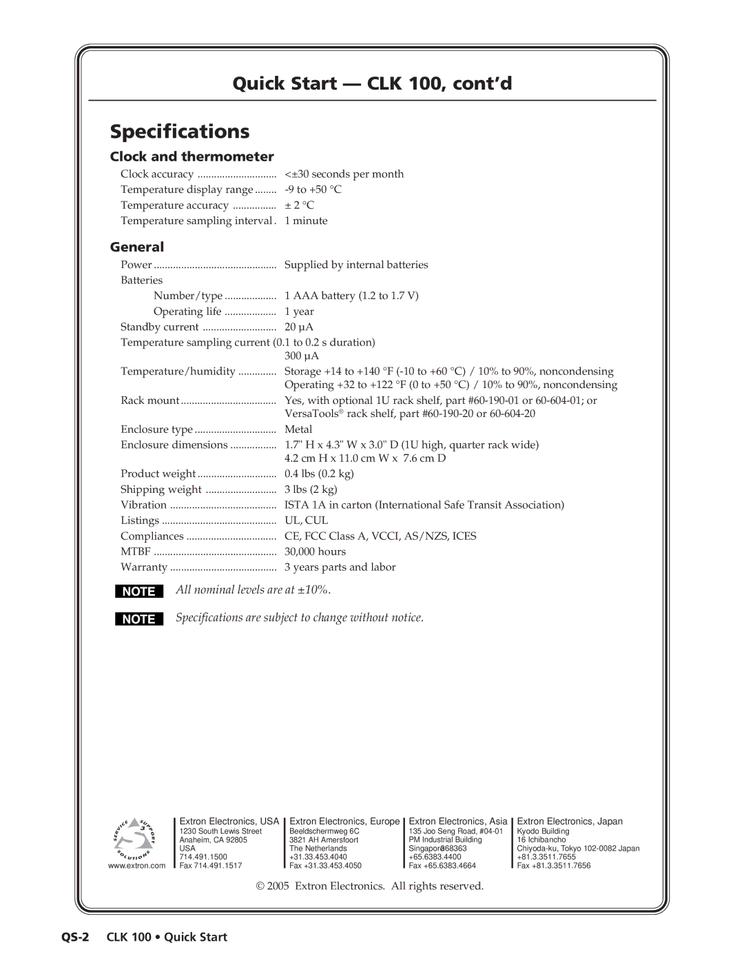 Extron electronic CLK 100 quick start Specifications, Clock and thermometer, General, Extron Electronics, Japan 