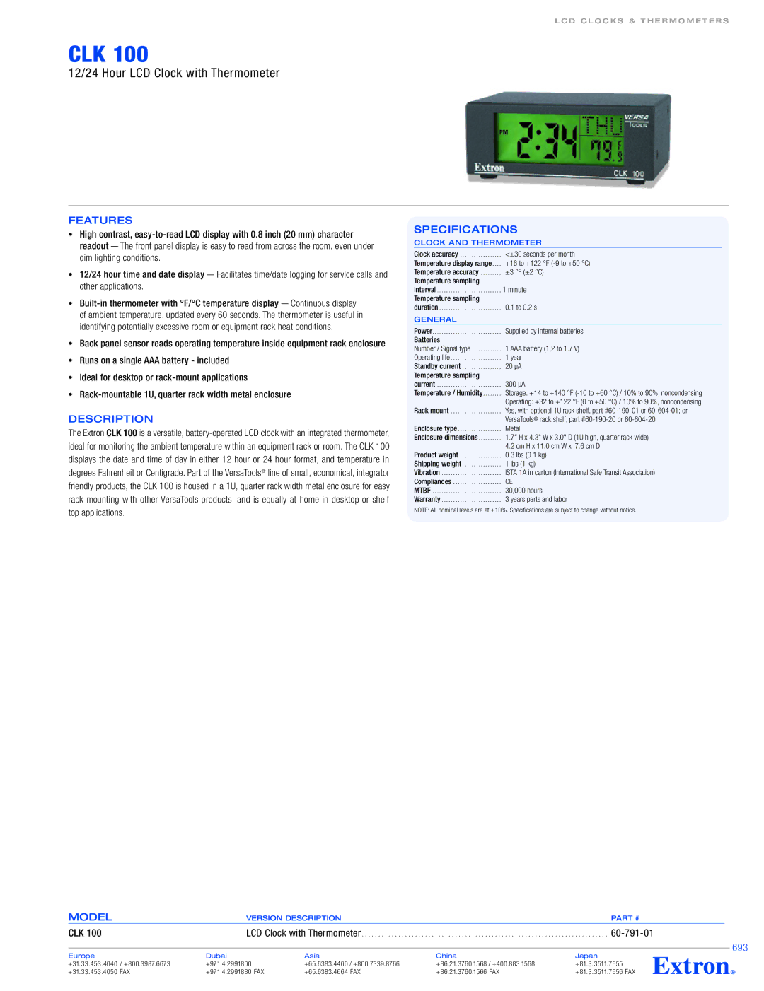 Extron electronic CLK 100 specifications Features, Description, Specifications, Model, 693 