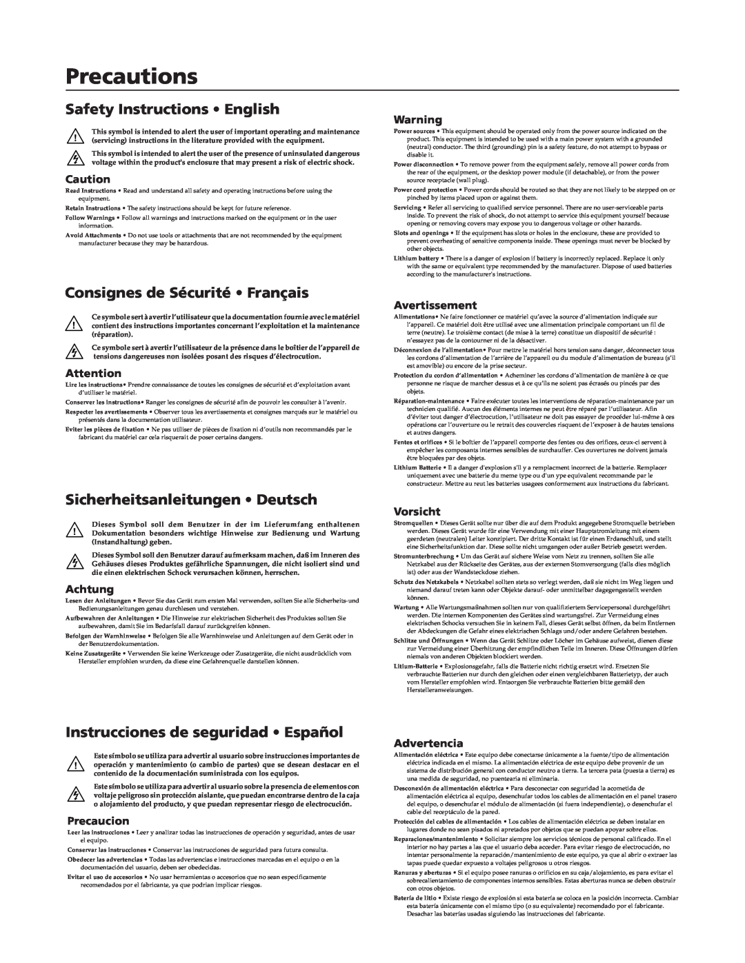 Extron electronic CrossPoint 84 manual Precautions, Safety Instructions English, Consignes de Sécurité Français, Achtung 