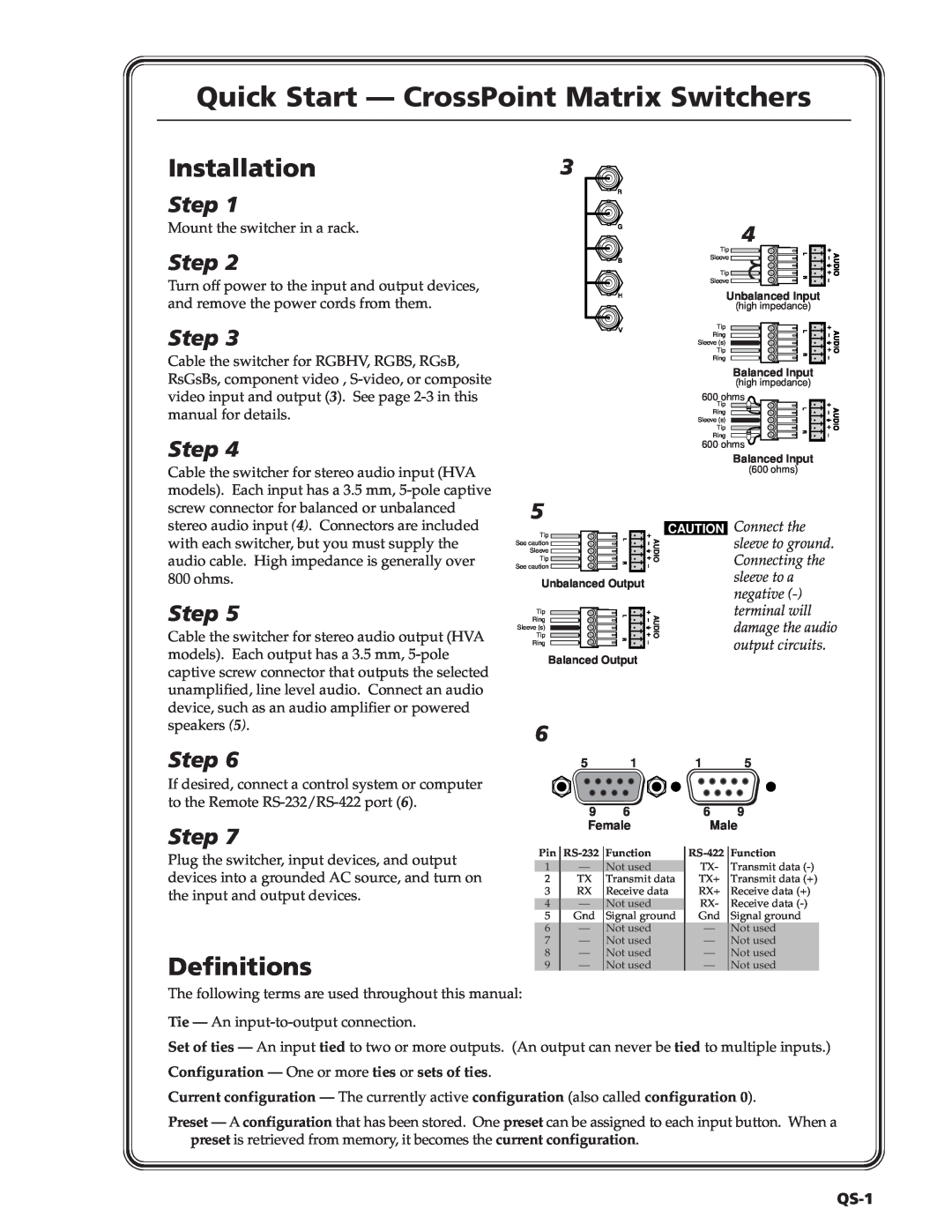 Extron electronic CrossPoint 128 manual Quick Start - CrossPoint Matrix Switchers, Installation, Definitions, Step, QS-1 