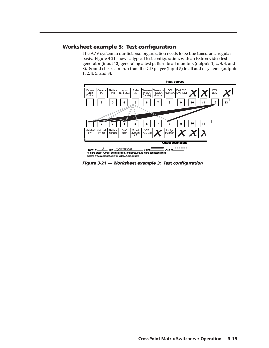 Extron electronic CrossPoint 128 21 - Worksheet example 3 Test configuration, CrossPoint Matrix Switchers Operation 