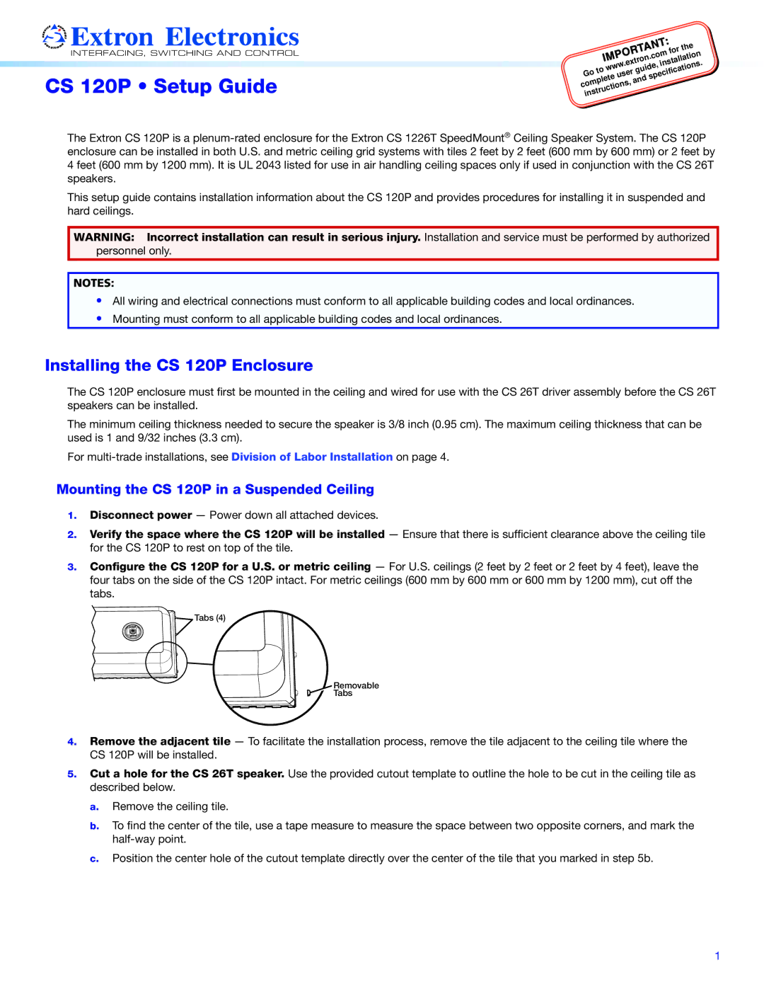 Extron electronic setup guide CS 120P Setup Guide, Mounting the CS 120P in a Suspended Ceiling 