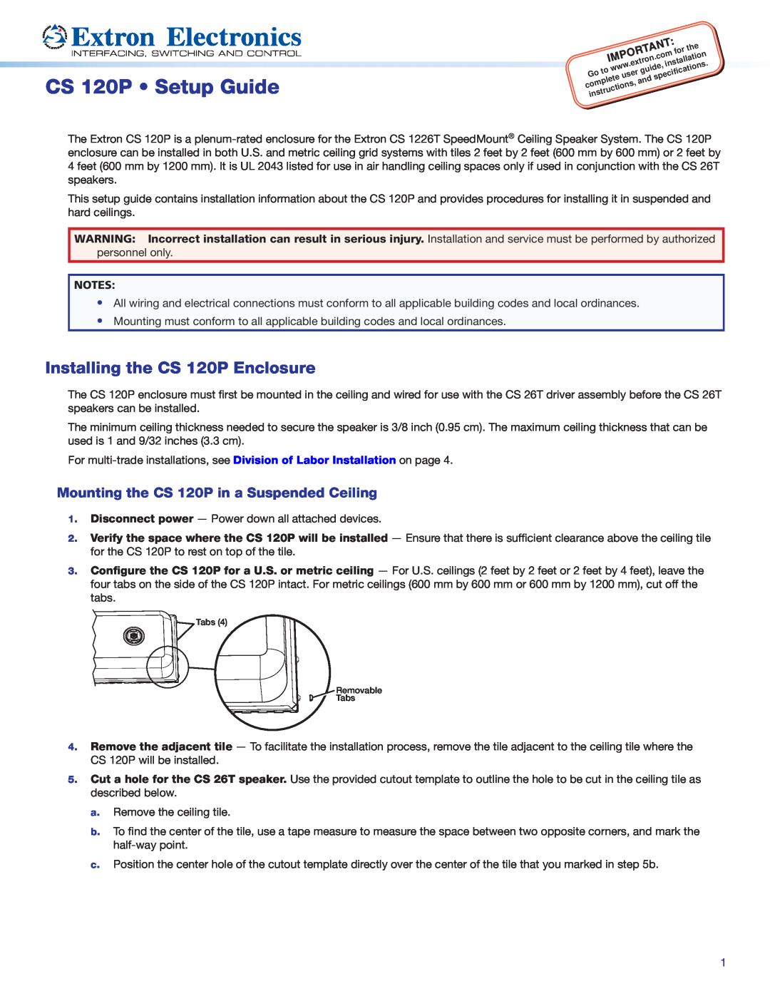 Extron electronic setup guide CS 120P Setup Guide, Mounting the CS 120P in a Suspended Ceiling 