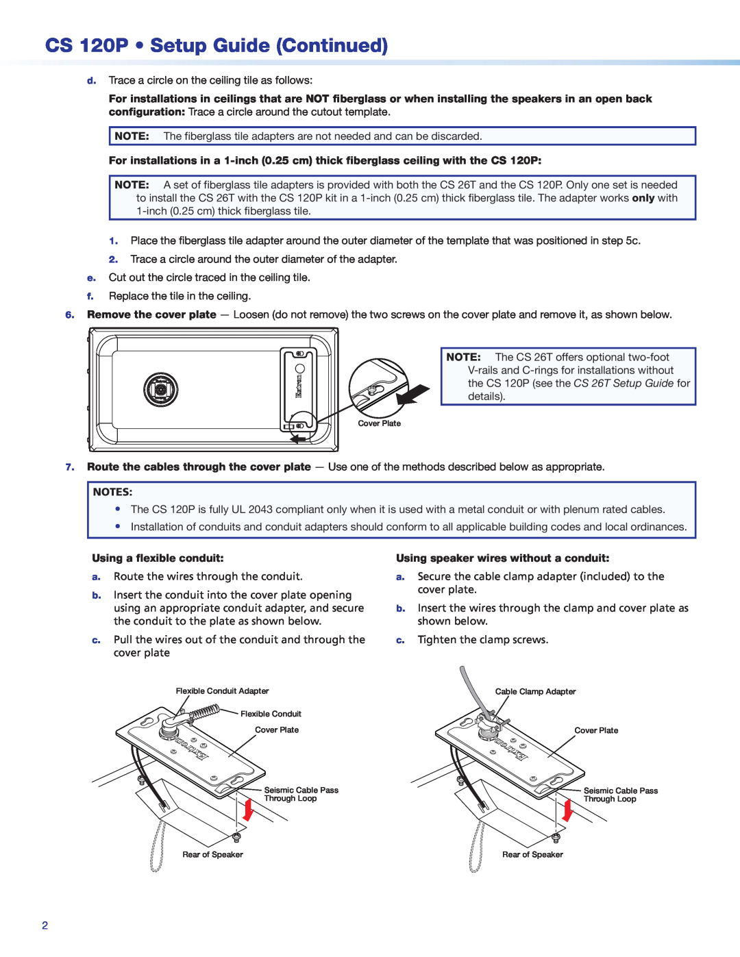 Extron electronic CS 120P Setup Guide Continued, Using a flexible conduit, Using speaker wires without a conduit 