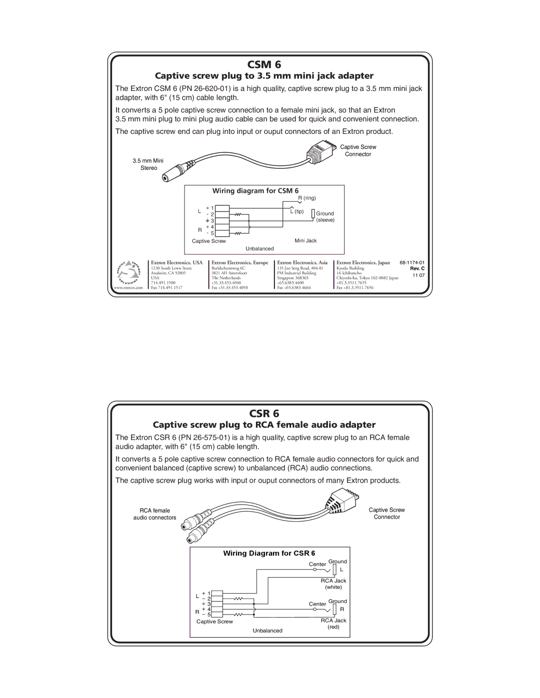 Extron electronic CSR 6, CSM 6 manual Csm, Csr, Captive screw plug to 3.5 mm mini jack adapter 