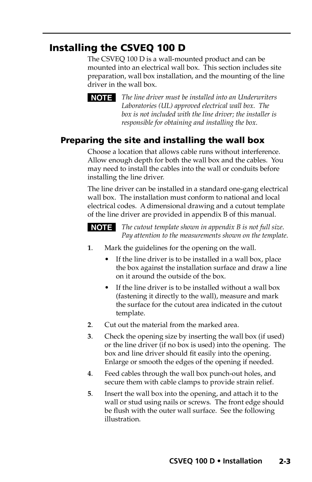 Extron electronic CSVEQ 100 D user manual Installing the Csveq 100 D, Preparing the site and installing the wall box 