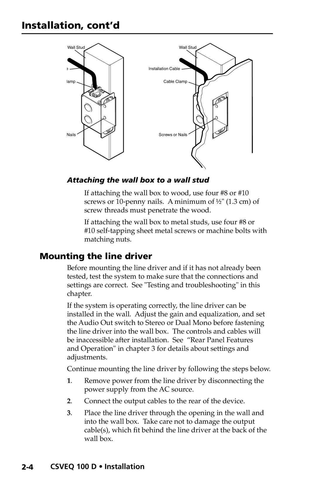 Extron electronic CSVEQ 100 D user manual Installation, cont’d, Mounting the line driver 