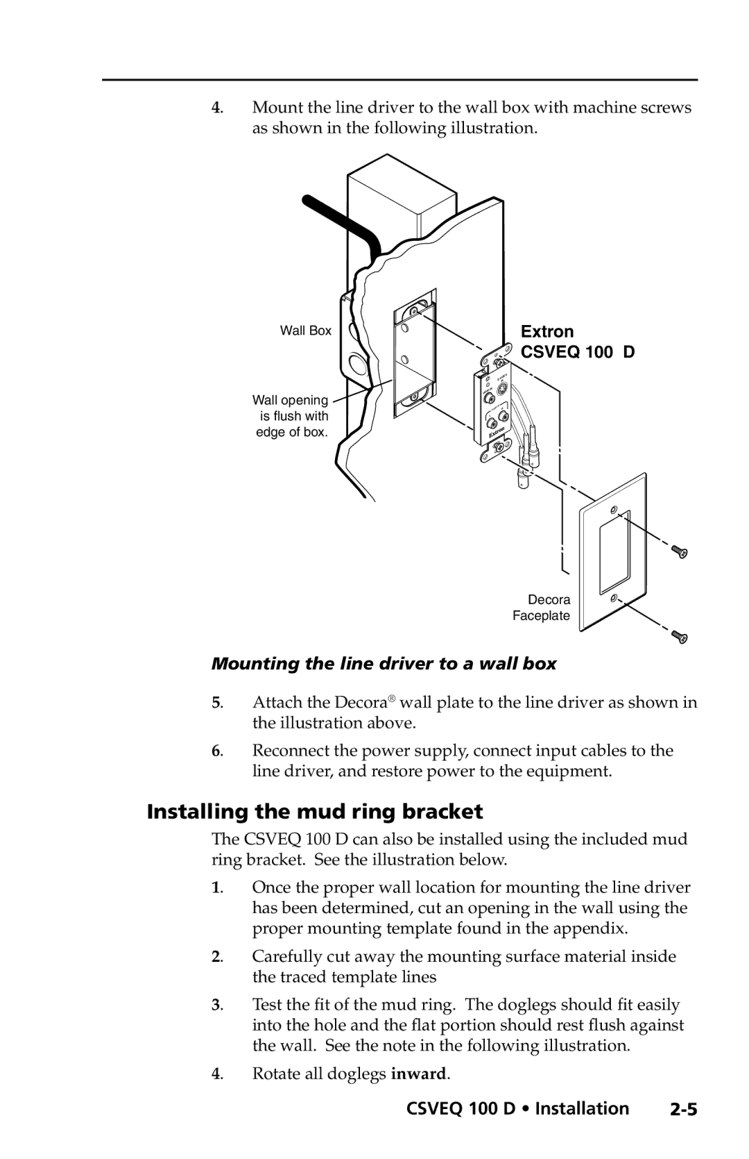 Extron electronic CSVEQ 100 D user manual Installing the mud ring bracket, Mounting the line driver to a wall box 