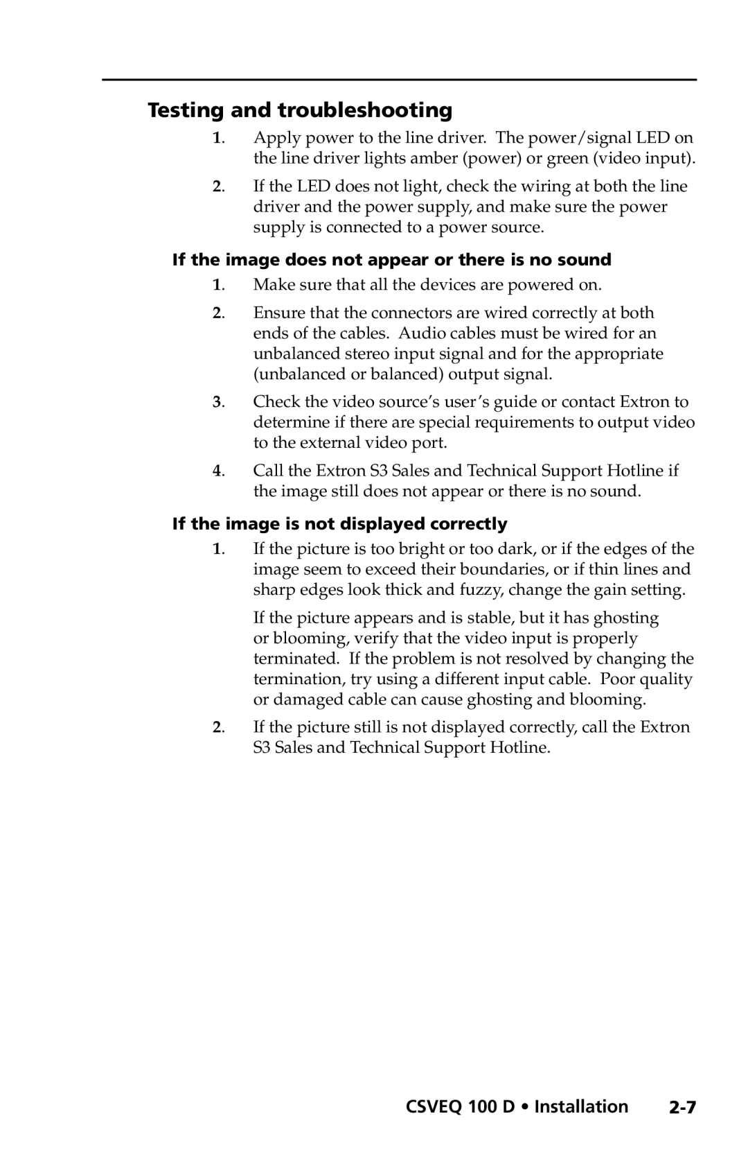 Extron electronic CSVEQ 100 D user manual Testing and troubleshooting, If the image does not appear or there is no sound 