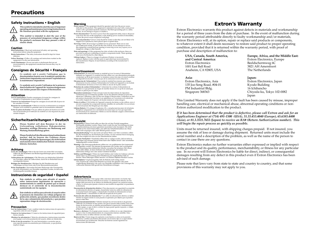 Extron electronic CSVEQ 100 D user manual Precautions, Extron’s Warranty 