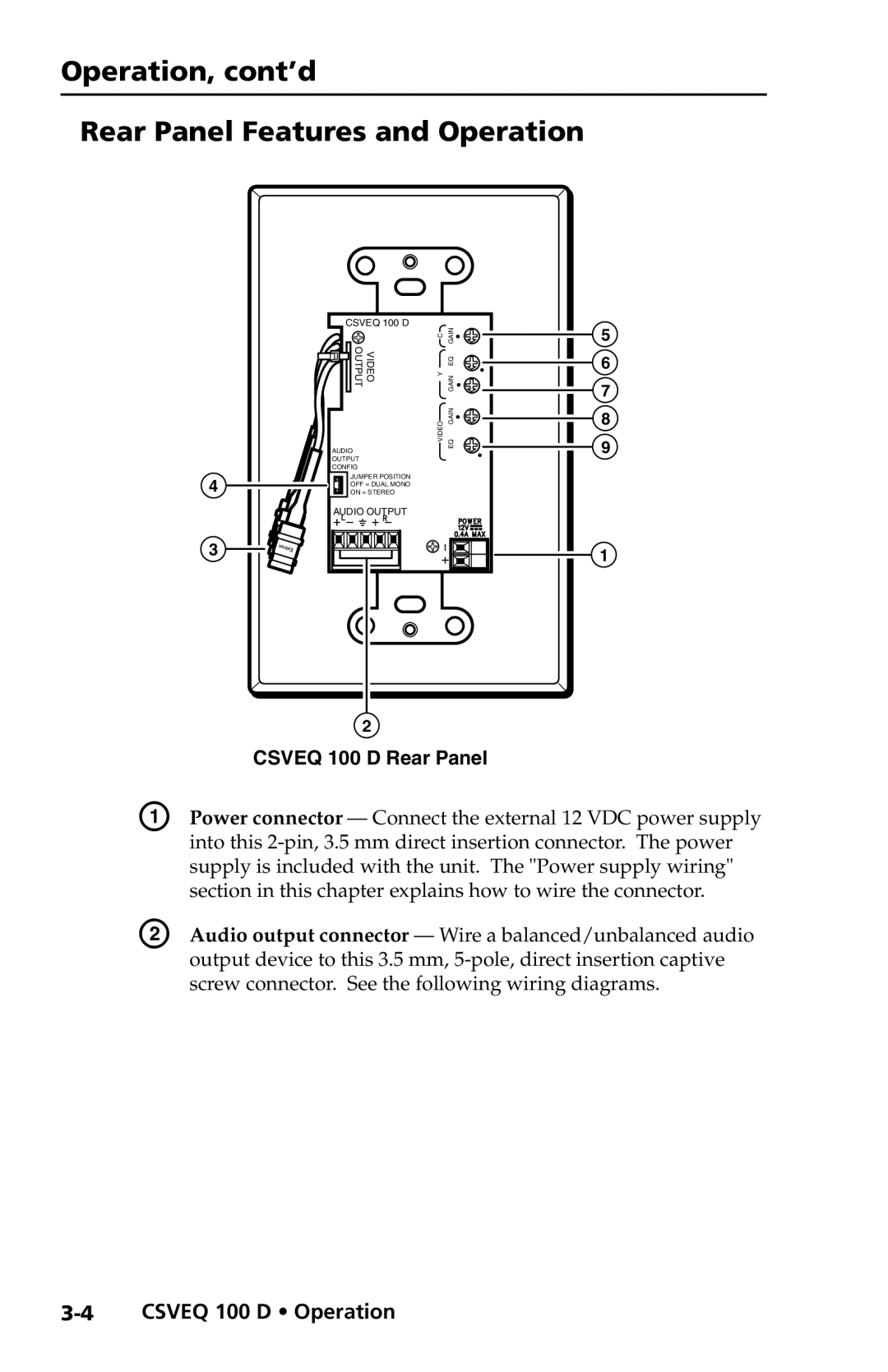 Extron electronic CSVEQ 100 D user manual Operation, cont’d Rear Panel Features and Operation, Csveq 100 D Rear Panel 