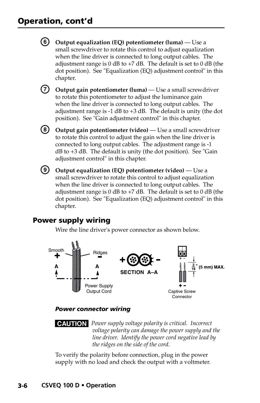 Extron electronic CSVEQ 100 D user manual Operation, cont’d, Power supply wiring 