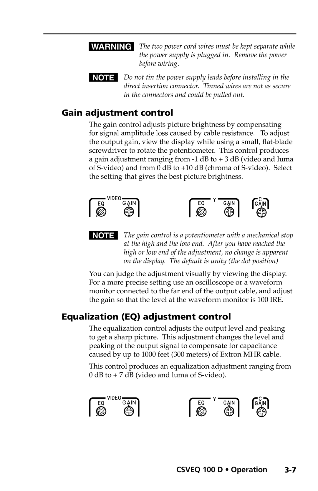 Extron electronic CSVEQ 100 D user manual Gain adjustment control, Equalization EQ adjustment control 