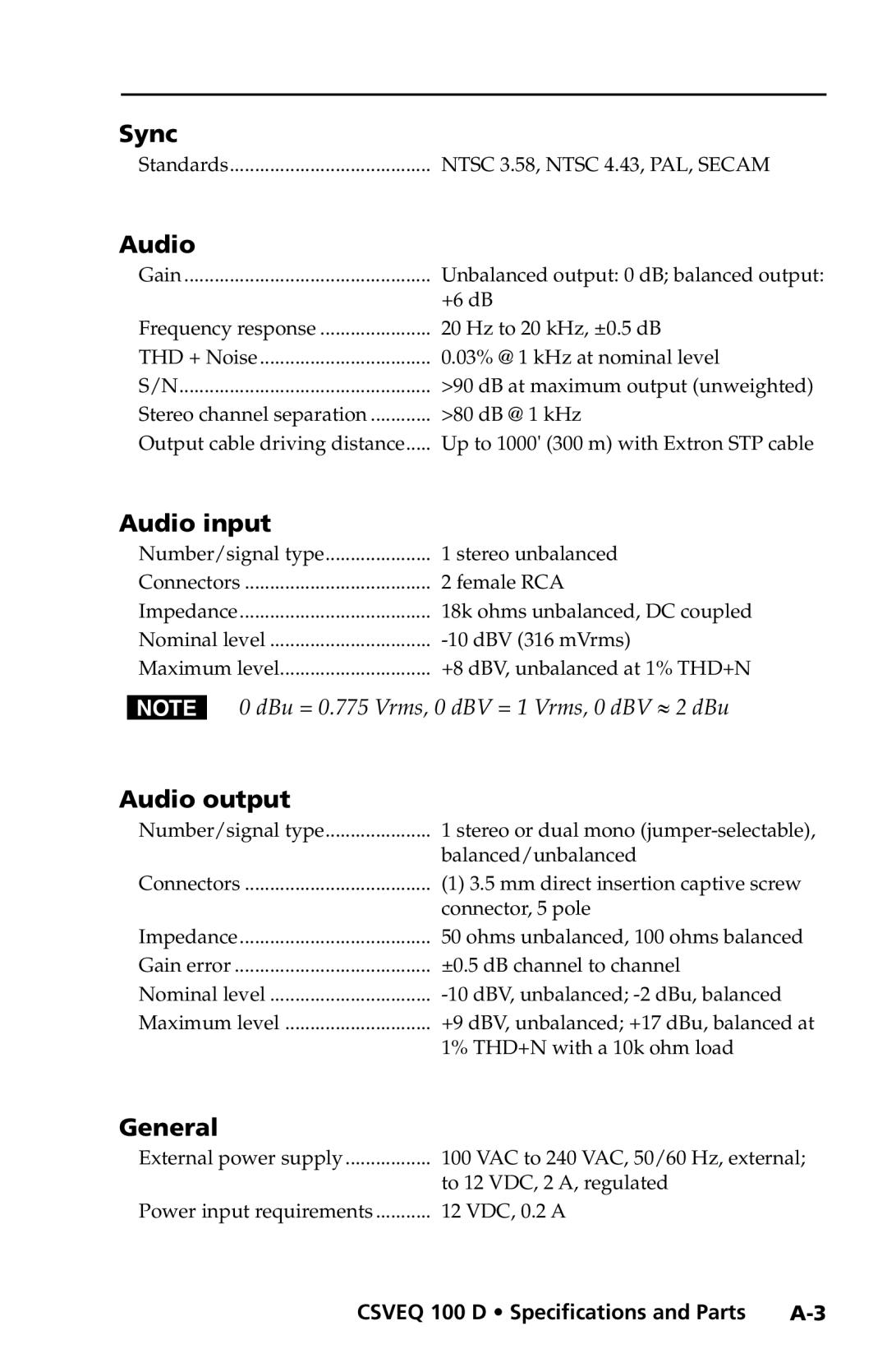 Extron electronic CSVEQ 100 D user manual Sync, Audio input, Audio output, General 