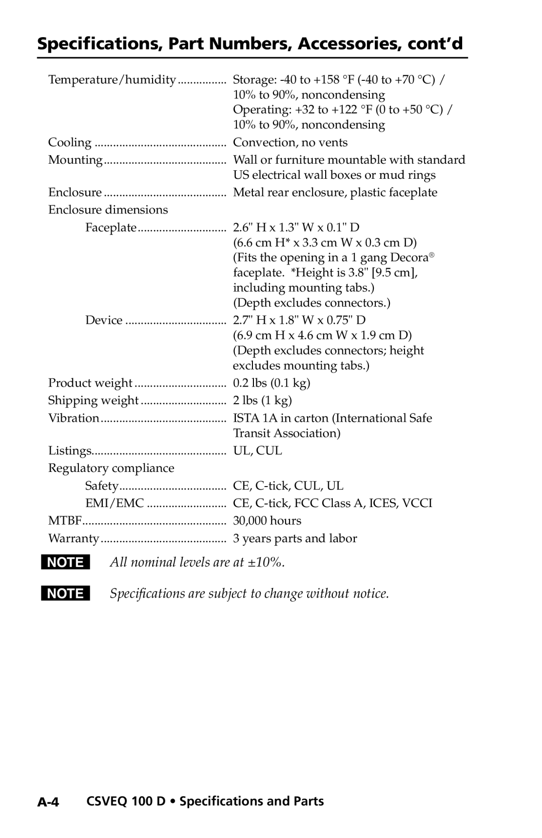 Extron electronic CSVEQ 100 D user manual Specifications, Part Numbers, Accessories, cont’d 