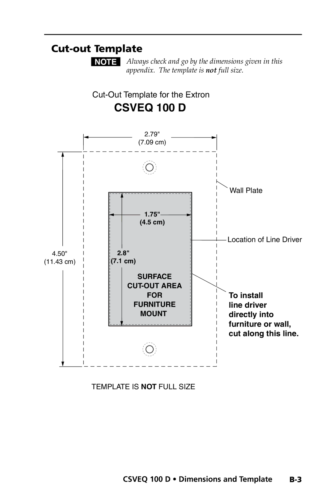 Extron electronic CSVEQ 100 D user manual Csveq 100 D, Cut-out Template 