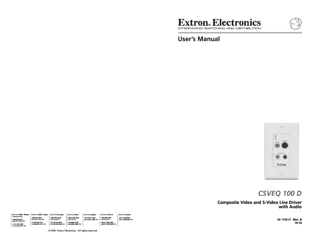 Extron electronic CSVEQ 100 D user manual Composite Video and S-Video Line Driver with Audio, User’s Manual, Extron Europe 