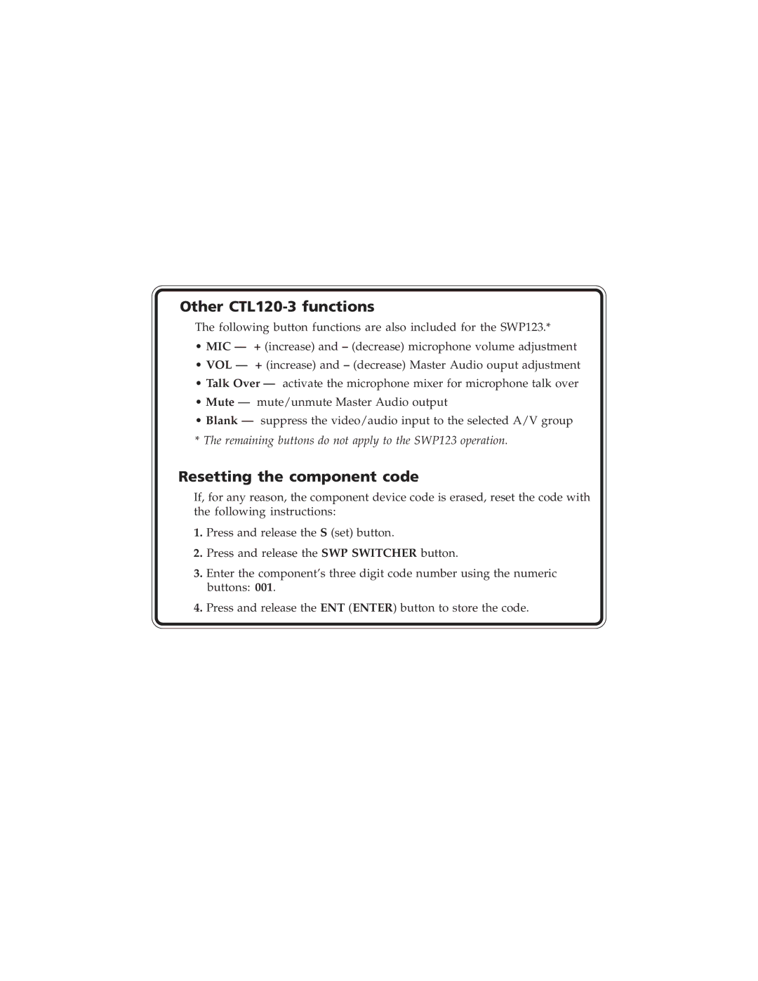 Extron electronic manual Other CTL120-3 functions, Resetting the component code 