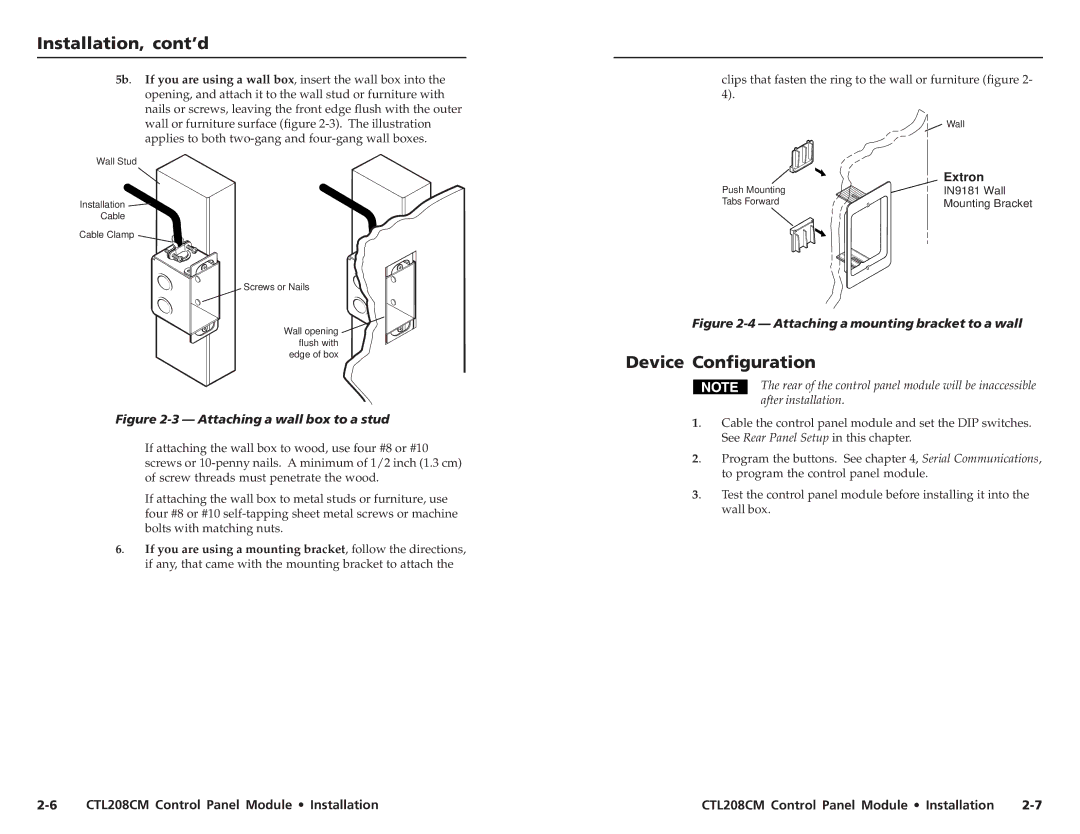 Extron electronic CTL208CM user manual Installation, cont’d, Device Configuration 