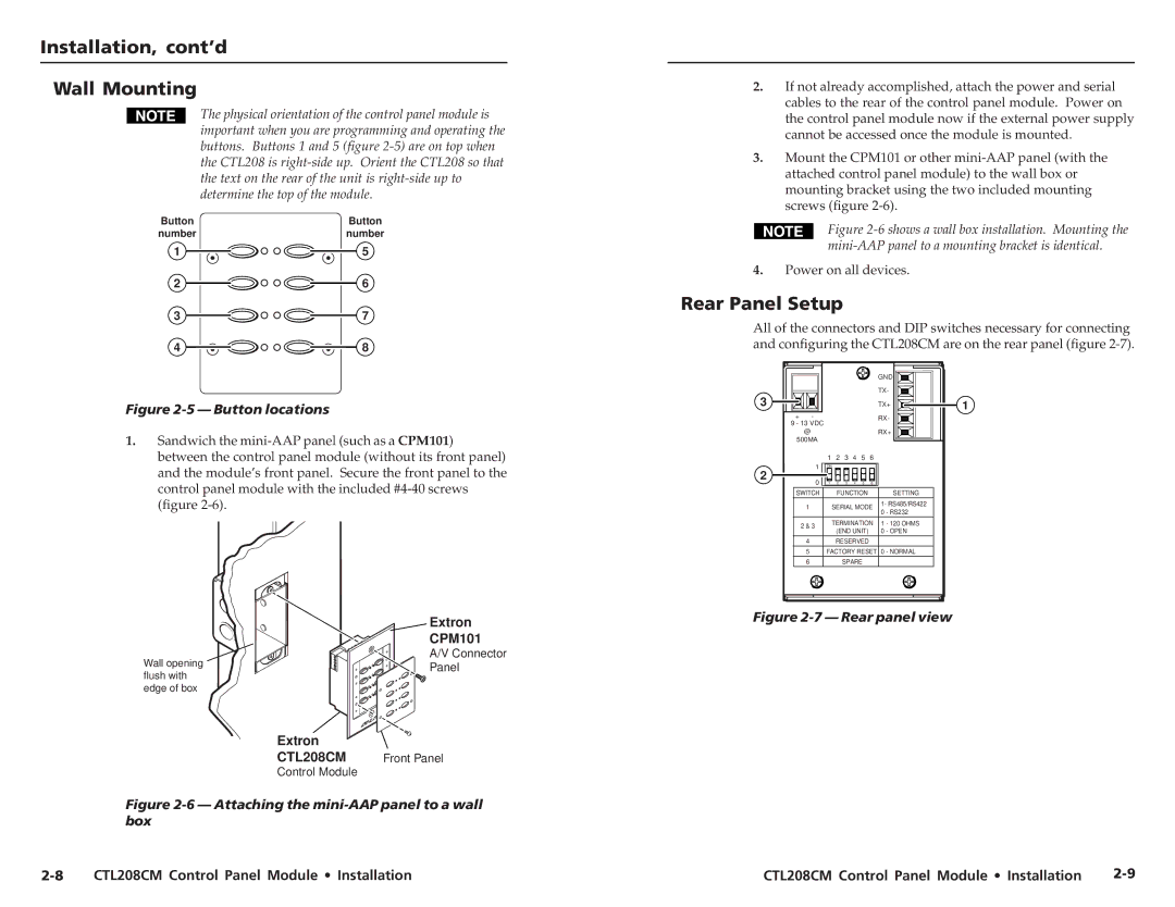 Extron electronic CTL208CM user manual Installation, cont’d Wall Mounting, Rear Panel Setup 