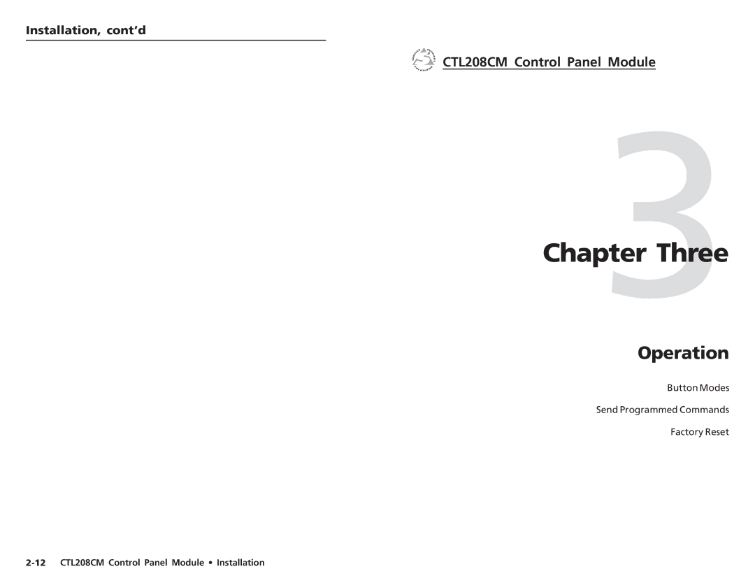 Extron electronic user manual Operation, 12 CTL208CM Control Panel Module Installation 