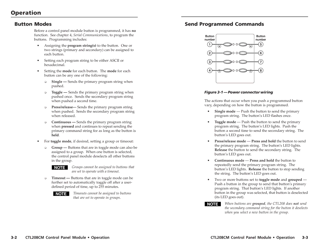 Extron electronic CTL208CM user manual Operationration, cont’d Button Modes, Send Programmed Commands 