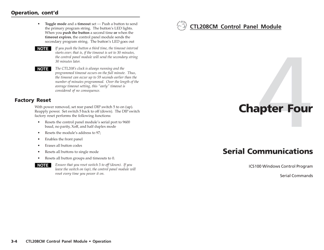 Extron electronic CTL208CM user manual Serial Communications, Operation, cont’d, Factory Reset 