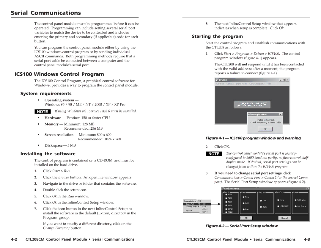 Extron electronic CTL208CM SerialCommunicationsunications,cont’d, ICS100 Windows Control Program, System requirements 