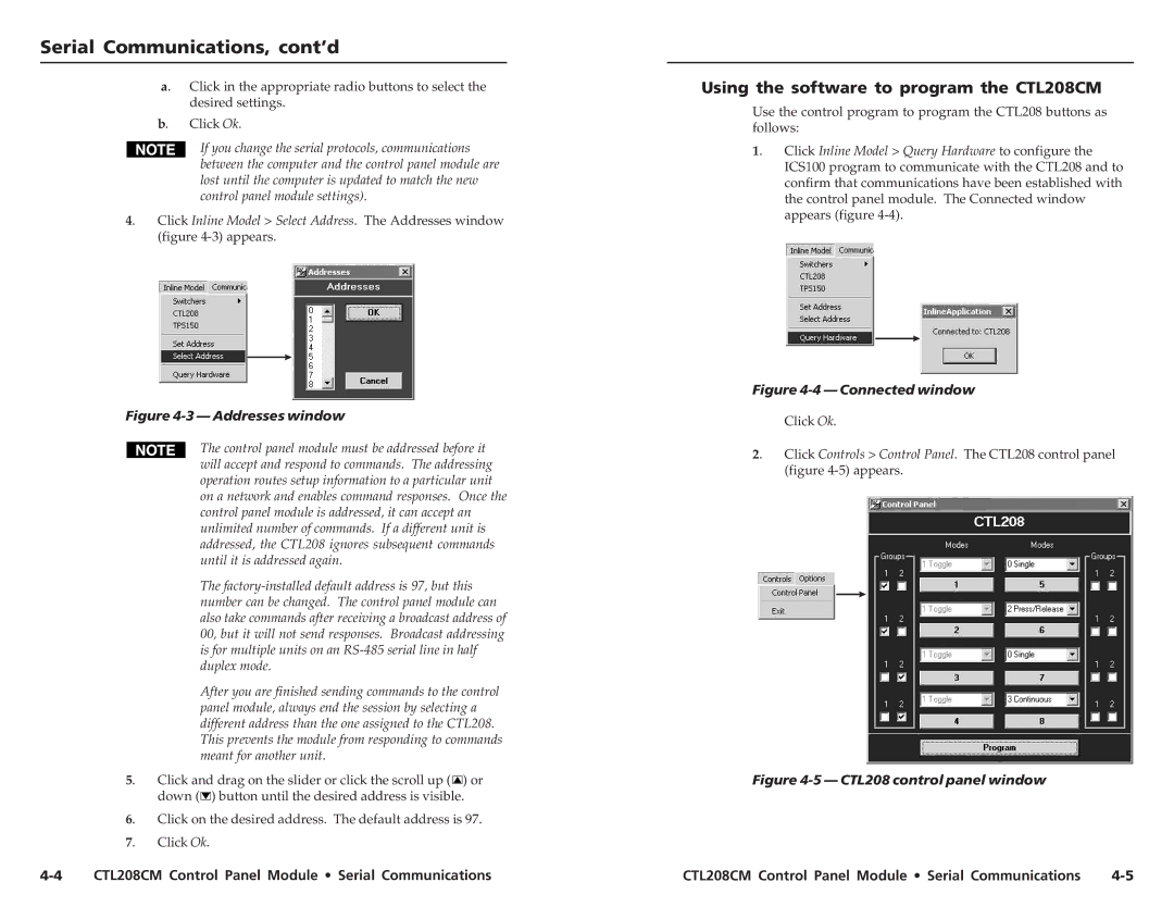 Extron electronic user manual Serial Communications, cont’d, Using the software to program the CTL208CM 