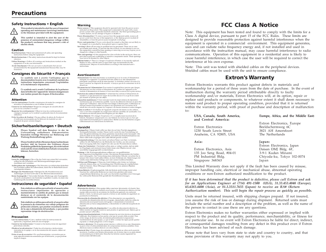 Extron electronic CTL208CM user manual FCC Class a Notice, Extron’s Warranty 