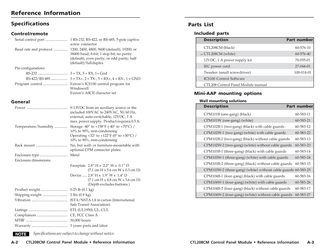 Extron electronic CTL208CM user manual ReferenceInformation,cont’d Specifications, Parts List 