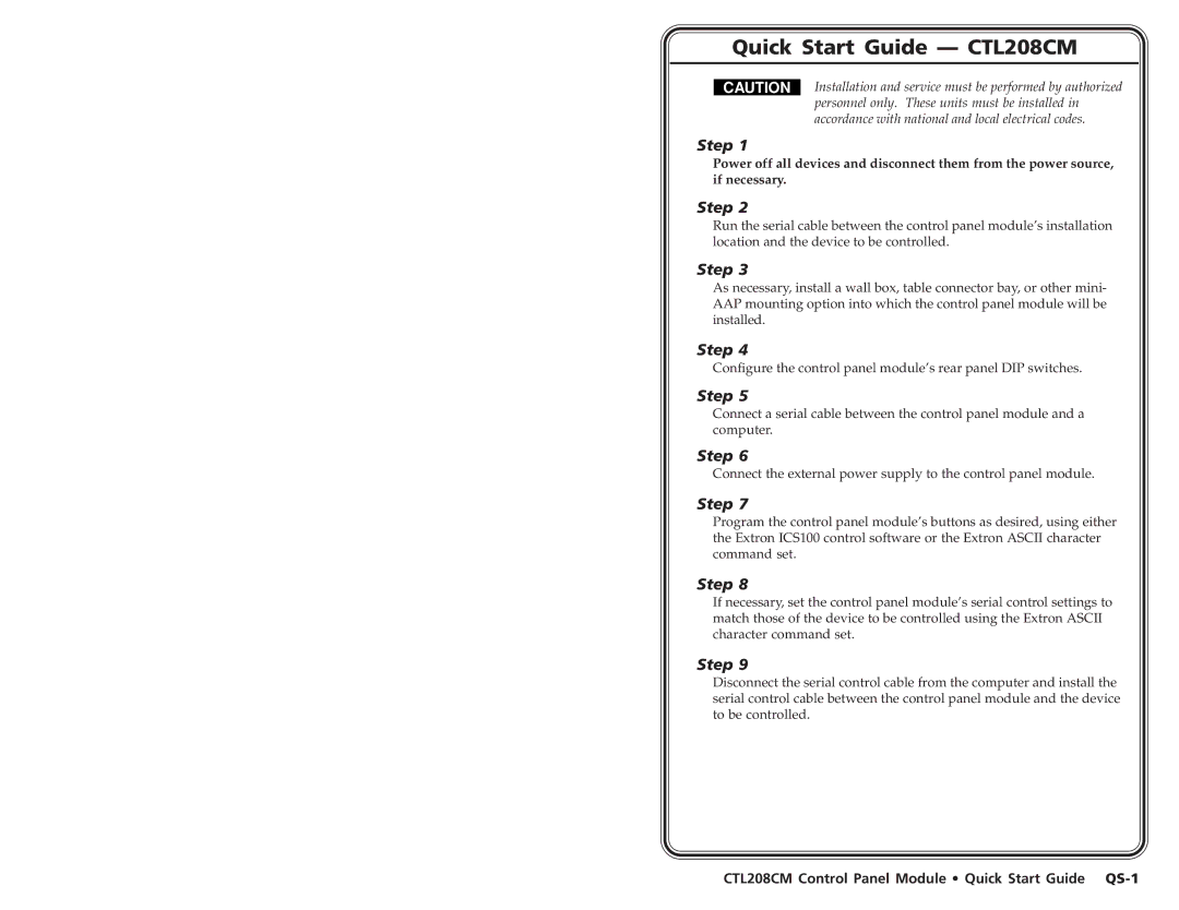 Extron electronic user manual Quick Start Guide CTL208CM, CTL208CM Control Panel Module Quick Start Guide QS-1 
