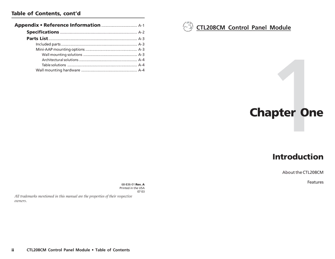 Extron electronic CTL208CM user manual Introduction, Table of Contents, cont’d 