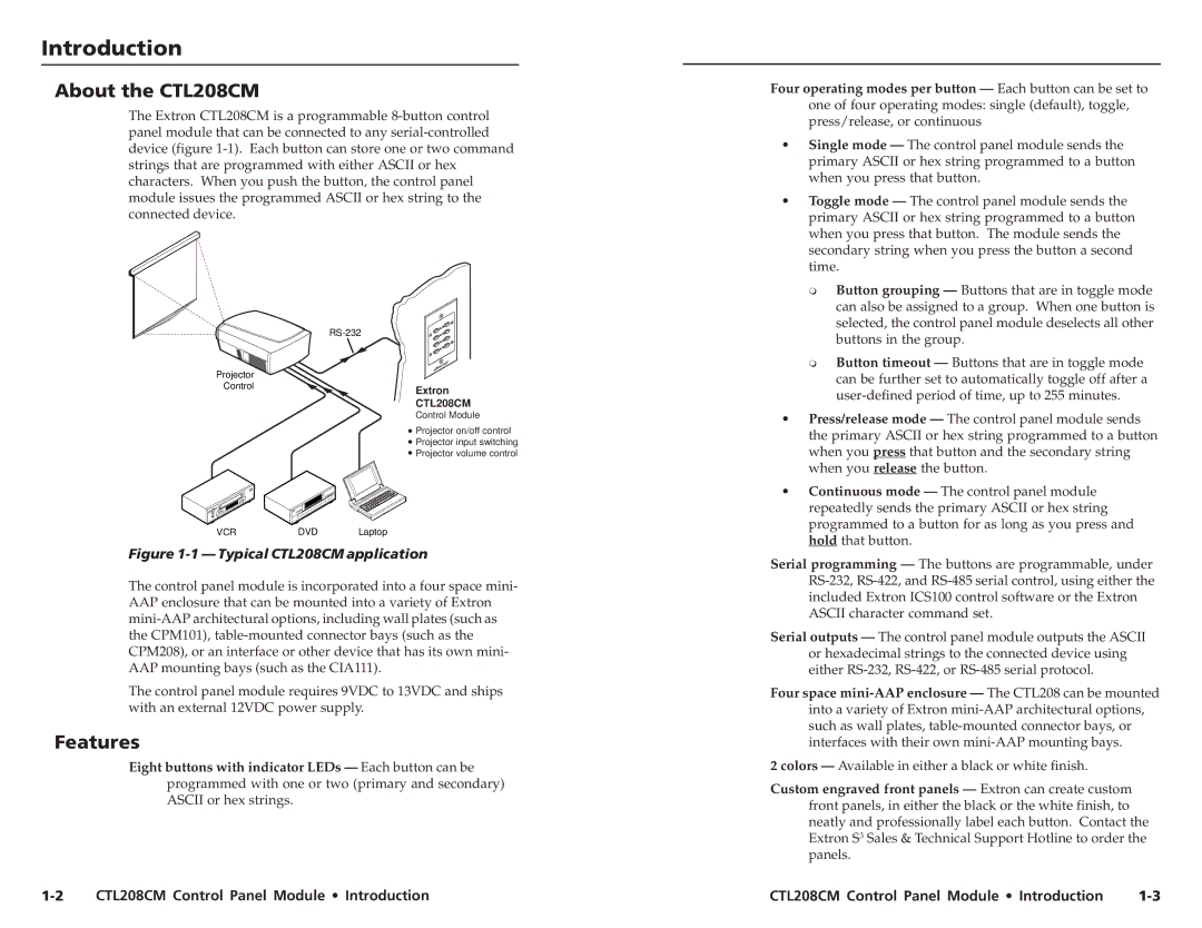 Extron electronic user manual Introductionroduction, cont’d About the CTL208CM, Features 