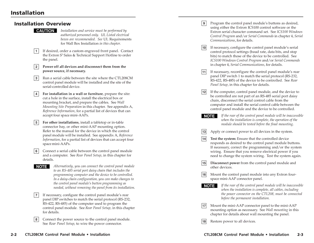 Extron electronic Installationtal ation, cont’d Installation Overview, CTL208CM Control Panel Module Installation 