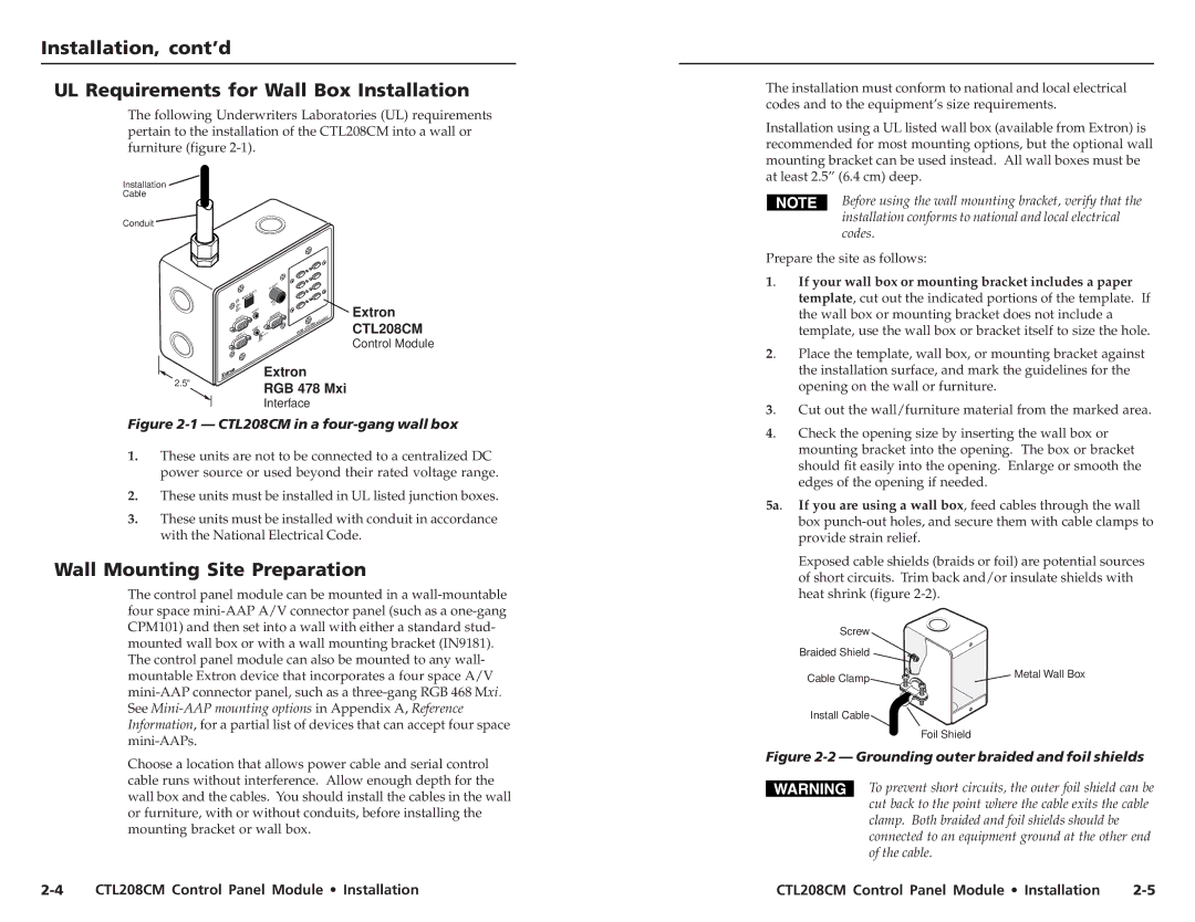 Extron electronic CTL208CM user manual Wall Mounting Site Preparation 