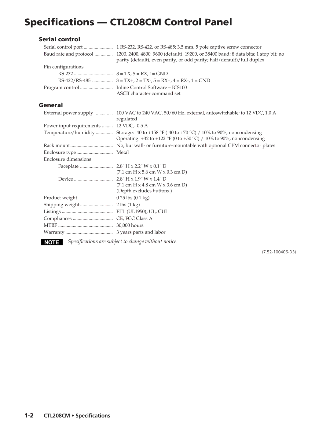 Extron electronic specifications Specifications CTL208CM Control Panel, Serial control, General 