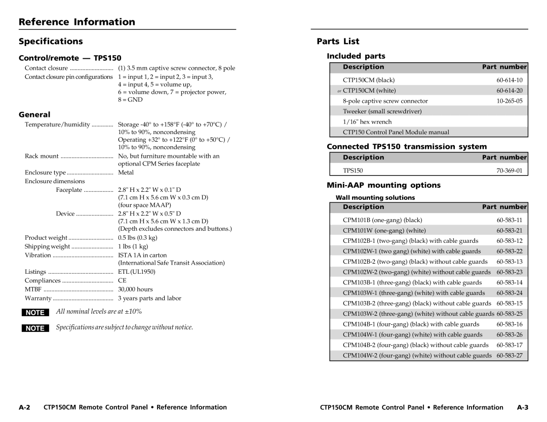 Extron electronic CTP150CM user manual ReferenceInformation,cont’d Specifications, Parts List 