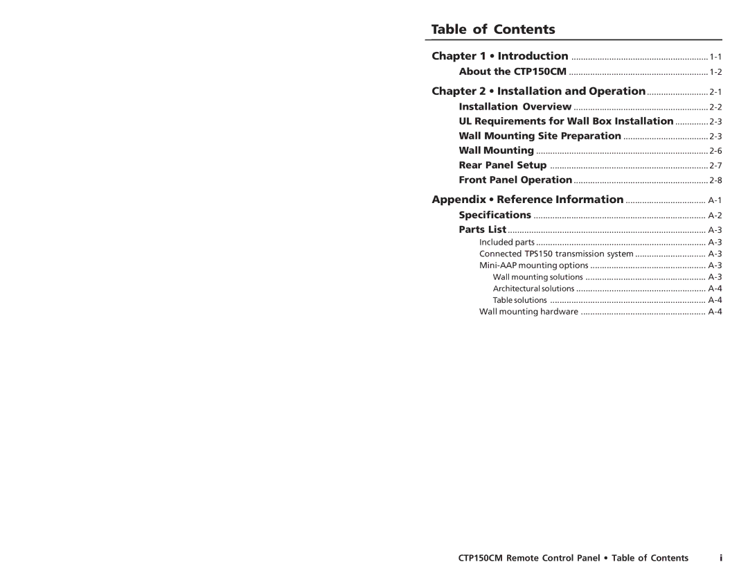 Extron electronic CTP150CM user manual Table of Contents 